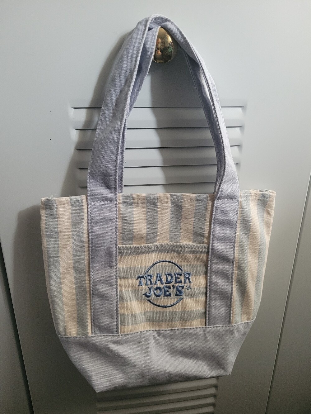 Trader Joe's Mini Canvas Tote Bag Pastel Blue Striped Limited Edition NWOT